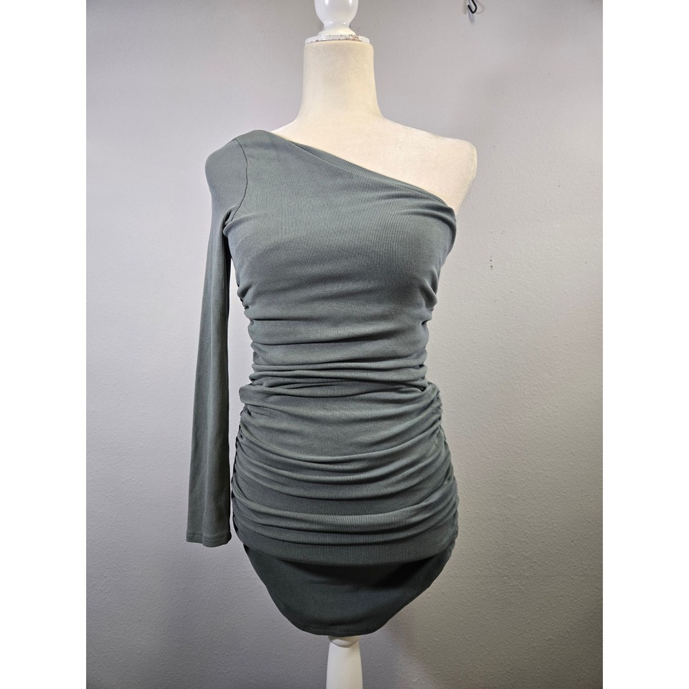 White Fox Bodycon Ruched One Shoulder Ribbed Mini Dress Sage Green S